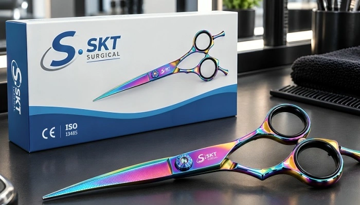 6.0 inch diamond-cut rainbow barber shear with SKT Surgical packaging box