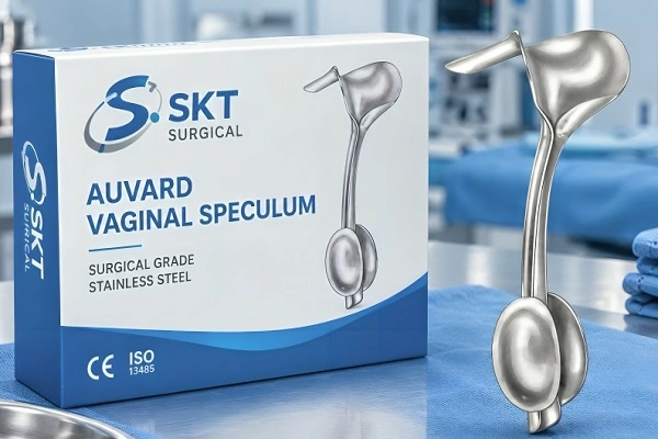 Auvard weighted vaginal speculum made of stainless steel with a single curved blade and spherical handle weight