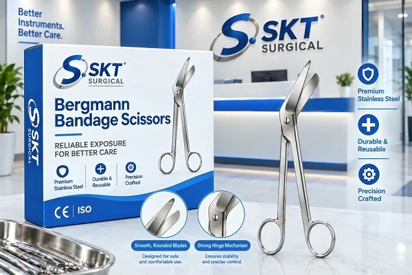 SKT Surgical Bergmann Bandage Scissors packaging box with stainless steel scissors in a clinical setting