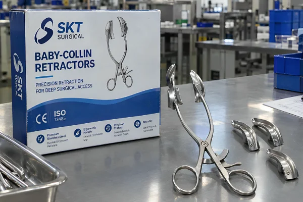 Baby-Collin surgical retractor with curved blades and product box